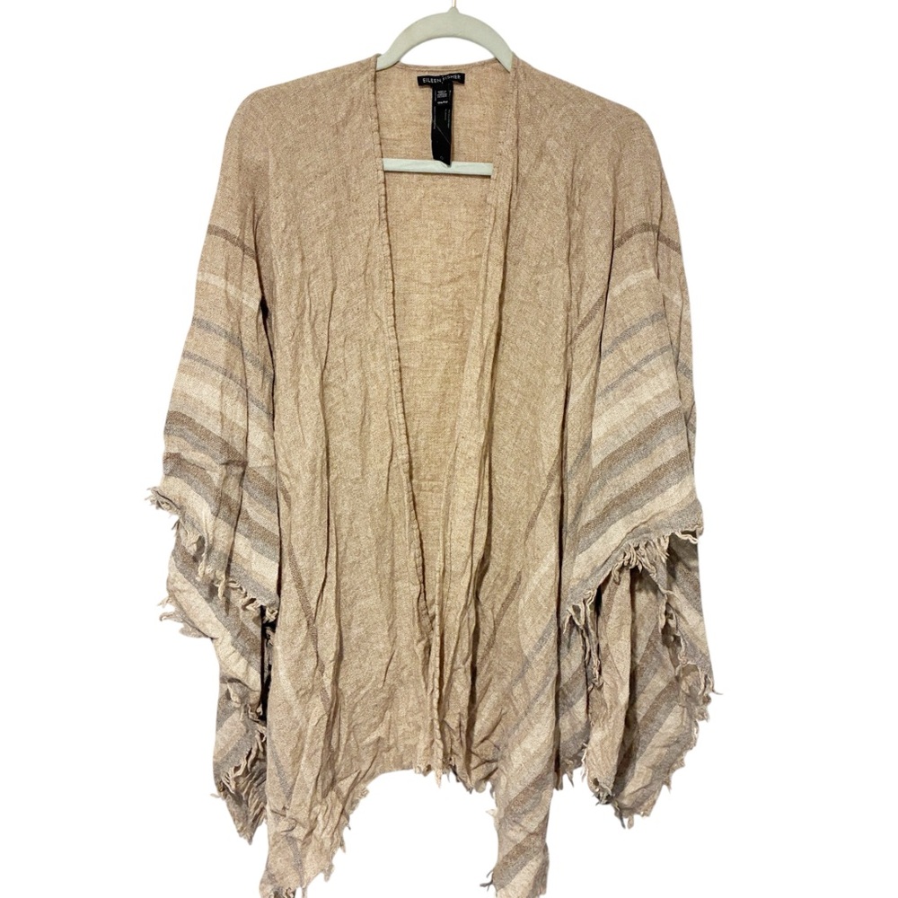 Eileen Fisher Tan Striped Wool Blend Kimono Wrap Top One Size
